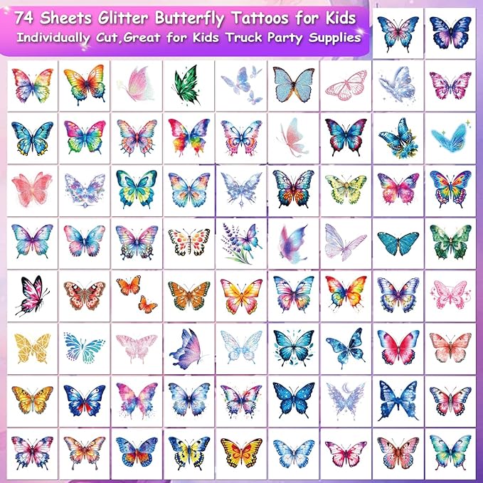 Glitter Butterfly Temporary Tattoos for Kids - 74 Individually Sheets Watercolor Butterfly Tattoos for Kids Birthday Decorations