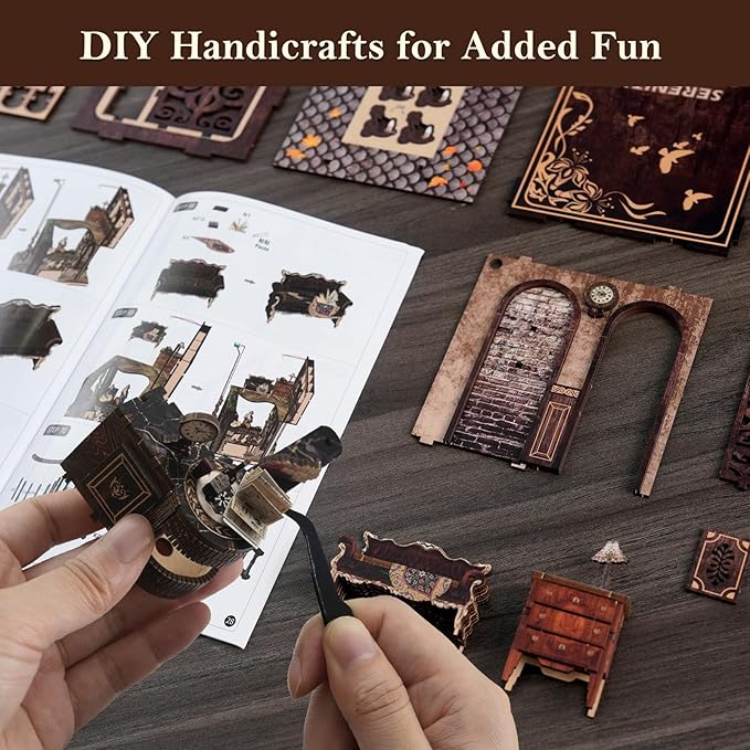 DIY Book Nook Kit Wooden Bookshelf Miniature Serenity Coffee House Kit 3D Wooden Puzzles Bookends Miniature House Kit Book Nook Bookshelf Insert Decor with LED Lights Wood Crafts for Adults