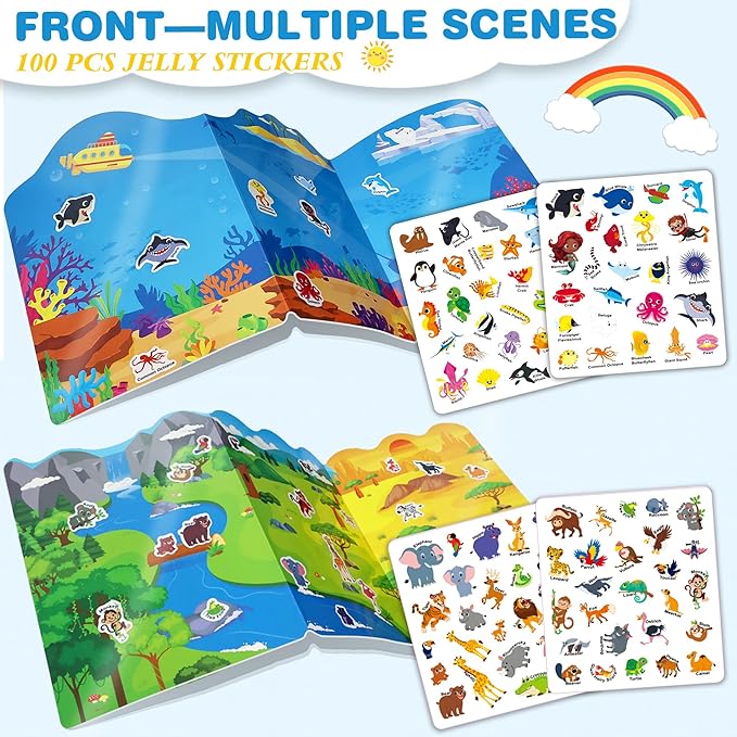 Reusable Sticker Books for Toddlers 3-5 Years, 2 Sets Jelly Sticker Books, Toddler Travel Toys Craft Activities for Kids-Ocean Wrold, Safari
