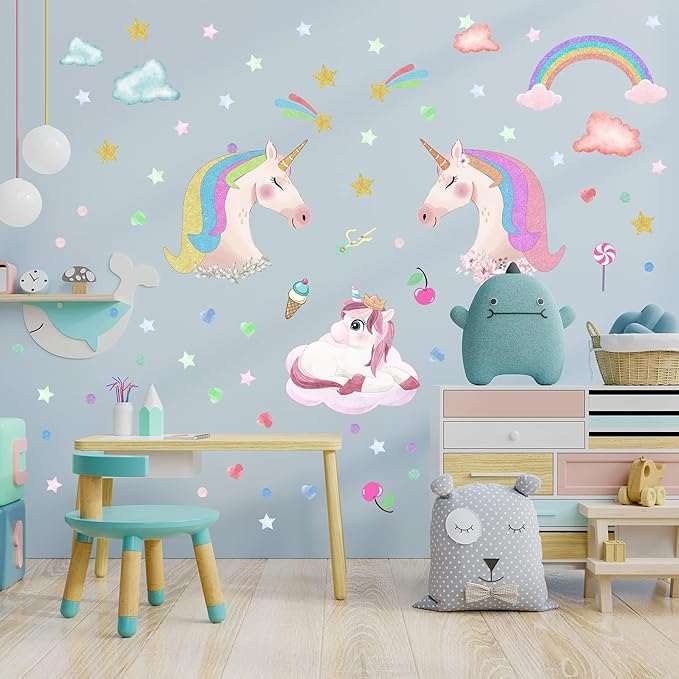 Glow in The Dark Unicorn Wall Stickers Decals, Removable Dots Stars Decals for Ceiling, Luminous Rainbow Wall Decal for Nursery, Room Decor Boys Girls Bedroom Playroom
