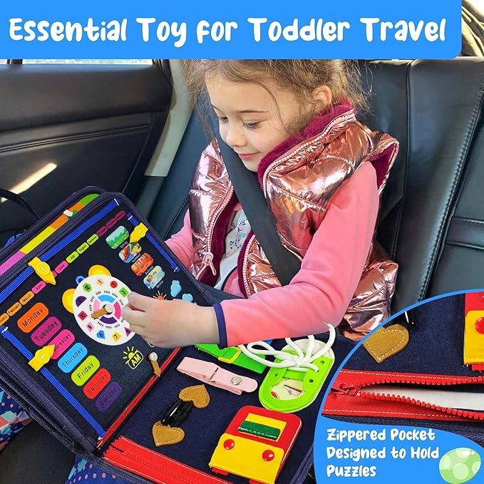 TenFans Busy Board - Montessori Toys for 3+ Year Old - Sensory Toys for Toddlers 3-5 - Gifts for Boys Learning Fine Motor Skills - Educational Activities Travel Toys for Car Airplane
