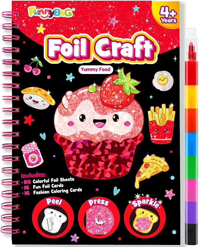 FUNNYB&G Foil Art Craft Activity for Kids - Gift for Girls Crafts for Kids Fun Art Supplies DIY Creative Travel Toy, Birthday Gift Party Favor Toys for Girls Boys 4 5 6 7 8 9 Years Old (Food)