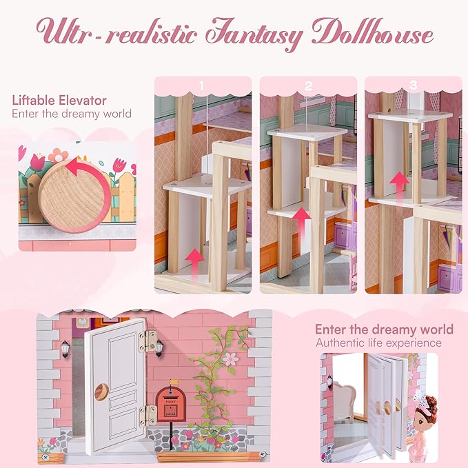 ROBOTIME Wooden Dollhouse, Doll Houses Playset with 24 Pcs Furniture for 4, 5, 6-Inch Dolls, Dollhouse Gift for 3+ Year Old Girls (Pink)