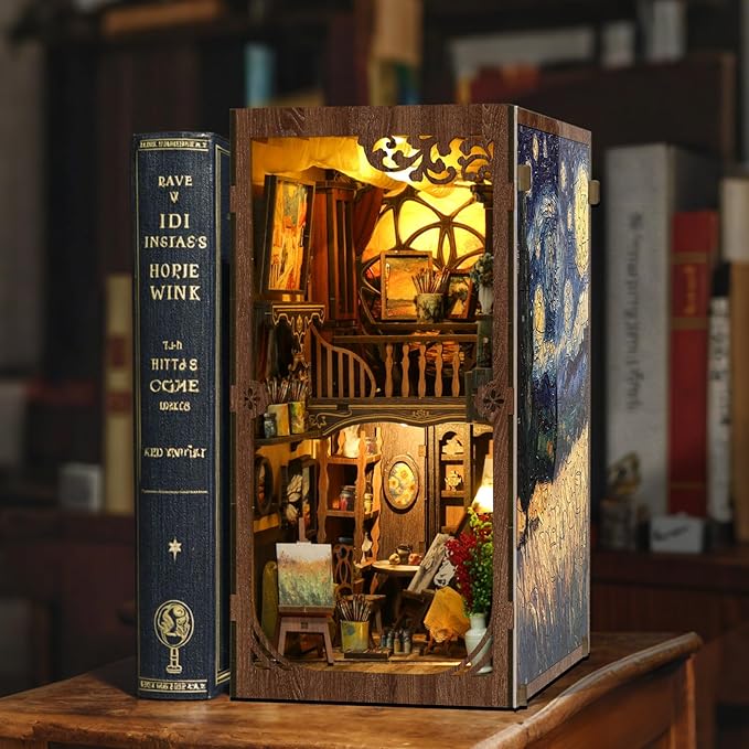 ISSEVE Book Nook Kit, DIY 3D Wooden Puzzle Dollhouse Booknook for Adults, Tiny Miniature House Kit Bookshelf Decor w Dust Cover, Halloween for Crafts Book Lovers (Painter’s Studio)
