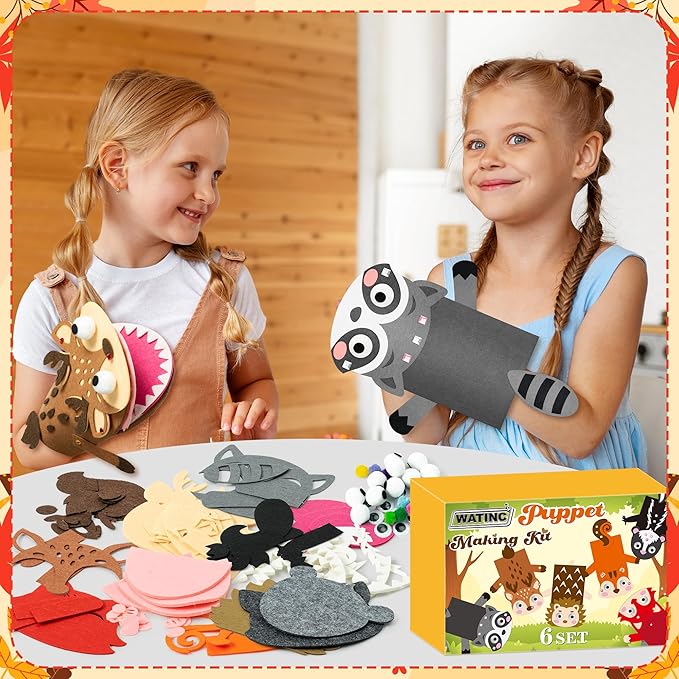 WATINC 6Pcs Hand Puppet Making Kit, Art Craft Felt Sock Puppet Toys, Creative DIY Make Your Own Pompoms Wiggle Googly Eyes Storytelling Role Play Party Supplies Gift for Girls Boys (Woodland A)