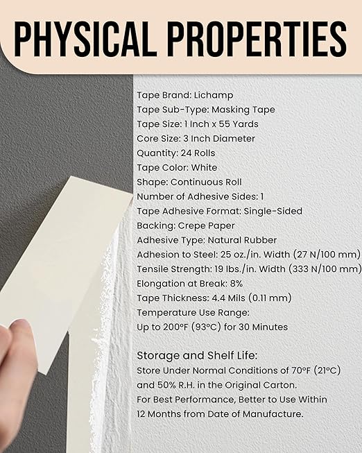 Lichamp Masking Tape 1 inch, 24 Pack General Purpose Beige White Masking Tape, 1 inch x 55 Yards x 24 Rolls (1320 Total Yards)