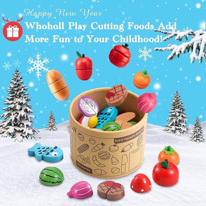 WHOHOLL Wooden Play Food for Kids Play Kitchen Accessories Playset with Basket, Pretend Cutting Food Montessori Toys for 3 4 5 6 Year Old, Velcro Vegetables Fruits Toys Gifts for Fine Motor Skills