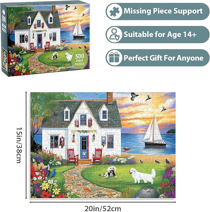 Puzzles for Adults 500 Pieces, Dog Birds Hourse Puzzle, Seaside Jigsaw Puzzles 500 Piece for Adults Kids Seniors, Recycled Cardboard Puzzle for Game Night Family Friends, 20.5x15 in