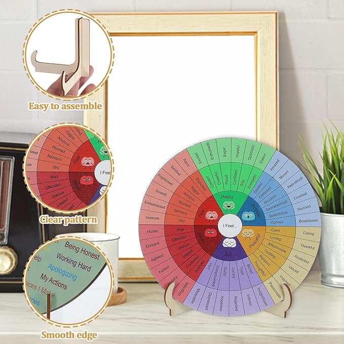 TIESOME Feelings Wheel Therapy Office Desk Decor, 6 Inches Double-Sided Wood Mental Health Emotions Chart with Stand for Women Men Counselor Therapist Home Office