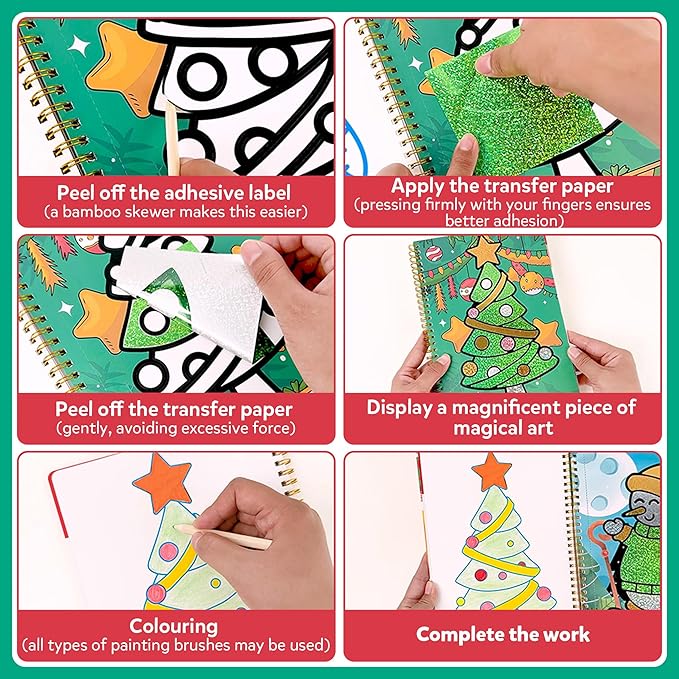 Fun & Mess-Free Foil Art Kit for Kids – 80 Foil Sheets & 32 Art Cards, No Glue Needed, Creative Craft Gift for Christmas Halloween Holiday Birthday（Christmas Version）