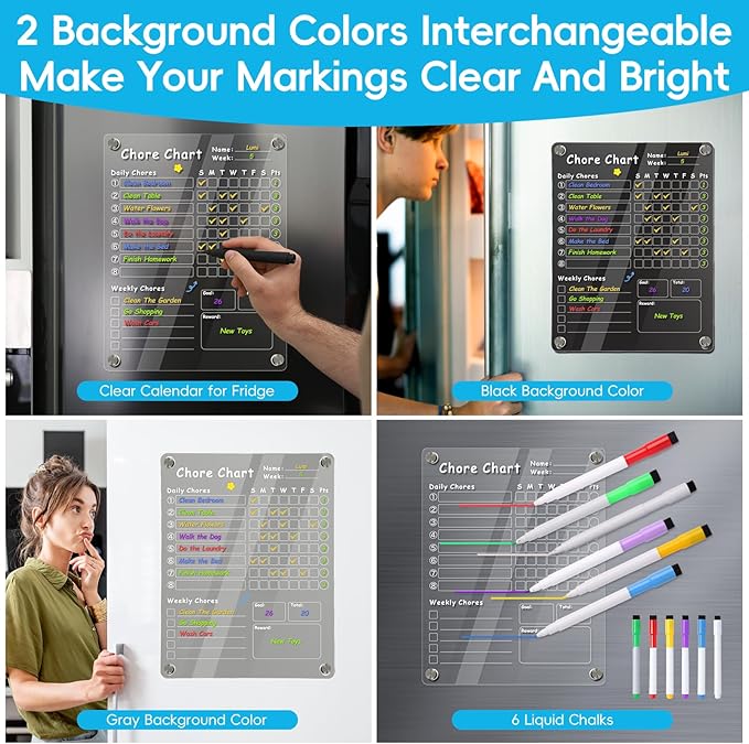 2Pcs Acrylic Magnetic Chore Chart for Kids, Chore Board, Dry Erase Chore Chart, 12"x9.5" Transparent Erasable Reward Chart for Teens and Adults Chore Checklist with 6 Markers and Towel