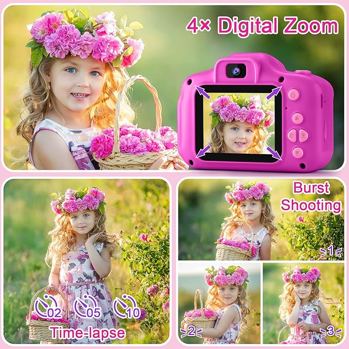 GKTZ Toys for Girls Age 3-8, Kids Camera Digital Video Toddler Camera Children Camcorder Birthday Gifts for 3 4 5 6 7 8 Year Old Girls with 32GB SD Card (Rose)