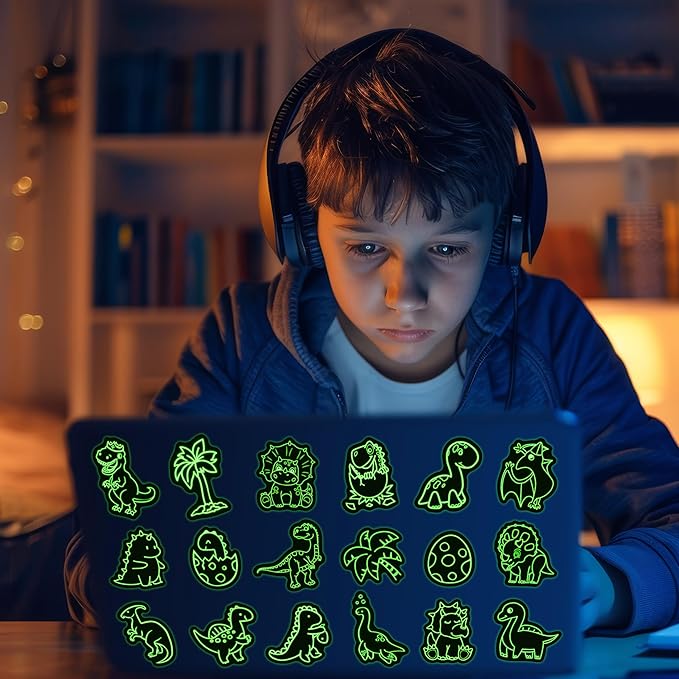 51 Pcs Neon Dinosaur Stickers for Kids Glow in The Dark, Dinos Sticker for Water Bottle, Vinyl Waterproof Laptop Decals for Teens Girls Boys, Students Adults Sticker Pack