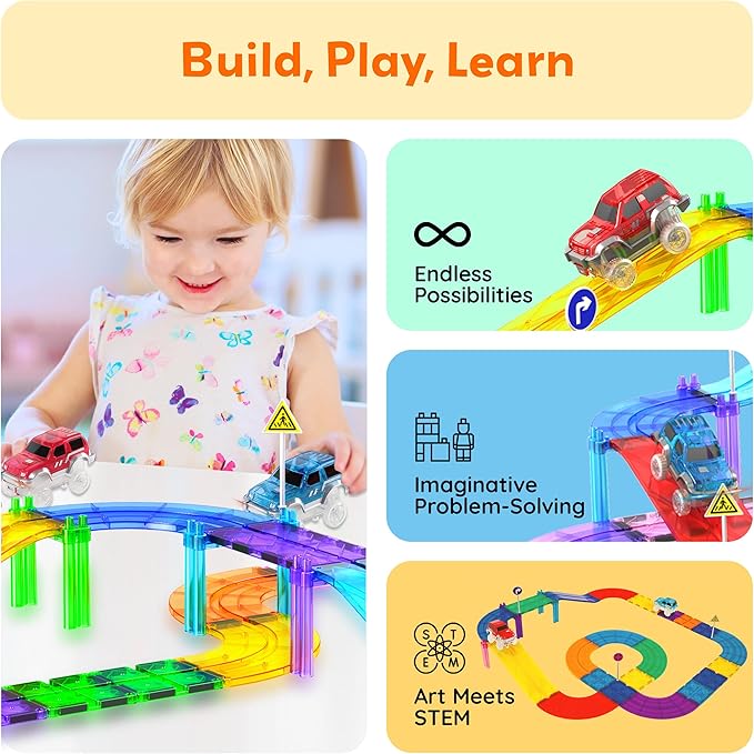 PicassoTiles 2pcs Magnetic Toy Car Set Highly Detailed Compatible with Magnet Race Track STEM Truck Replacement Accessories Educational Construction Building Kits for Toddlers Boys & Girls Ages 3+