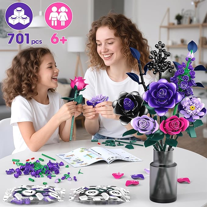 Purple Rose Building Blocks Set for Kids, 701PCS Flower Bouquet Toy, DIY Artificial Plant Gift for Girls, Women, Valentine's Day, Birthday, Mother's Day, Halloween Home Decor