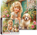Tucocoo Charming Girl and Puppy 1000 Piece Jigsaw Puzzle for Adults, Flower Garden Cottagecore Art Puzzle, Colorful Floral Dog Scene, Relaxing and Fun Gift for Puzzle Enthusiasts, Home Wall Decor
