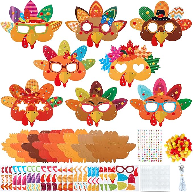 Bafeil 24 Sets Thanksgiving Turkey Masks Craft Kits DIY Turkey Face Mask Paper Art Craft Kit with Diamond Sticker for Fall Harvest Thanksgiving Party Favor Art Project Family Classroom Activity