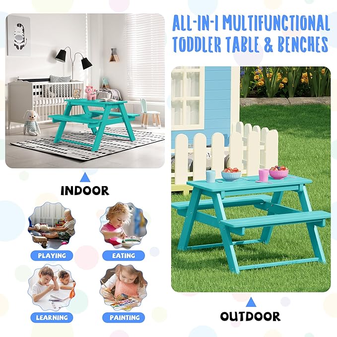 Costaelm Kids Picnic Table, HDPE All Weather Outdoor Toddler Picnic Table and Chair Set Kids Bench for Patio, Backyard, Garden, Lawn, Turquoise