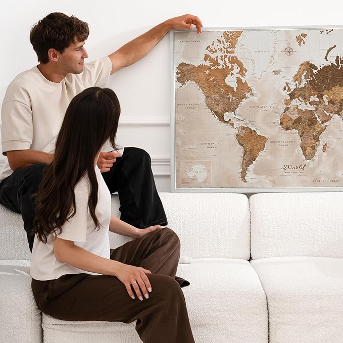Canvas World Map with Cork Pin Board - English Lettering - Decorative Wall Decoration for All Rooms - Canvas Pictures with World Map Motif (90x60 cm, Pattern 17)