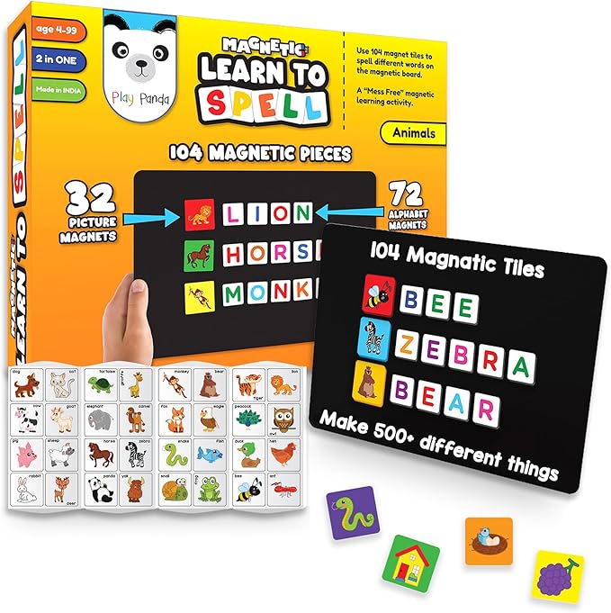Magnetic Preschool learning Toys for Toddlers Aged 3 4 5 6 Years Old Learn to Spell Animals|104 Magnet Pieces-32 Picture & 72 Letters with Magnet Board & Spelling Game Guide|Educational Toy for Kids
