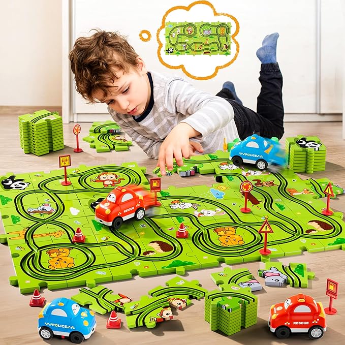 48PCS Puzzle Race Track Car Set Toys for Kids Boys, Floor Puzzle Car Tracks for Boys Ages 3-5 4-6, Toddler Toys Gifts for 3 4 5 Year Old Kids, Ideal 3 4 5 6 Year Old Birthday Gifts