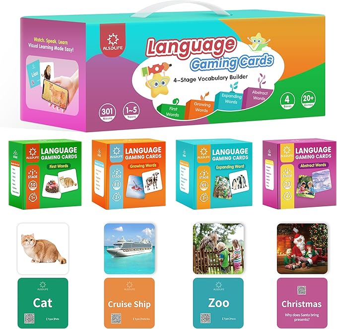 301 Thick Flash Cards for Toddlers, 4-Level Language Builder Real Life Photos Flashcards for Speech Therapy and Preschool Learning Activities, Speech Therapy Materials, ESL Teaching