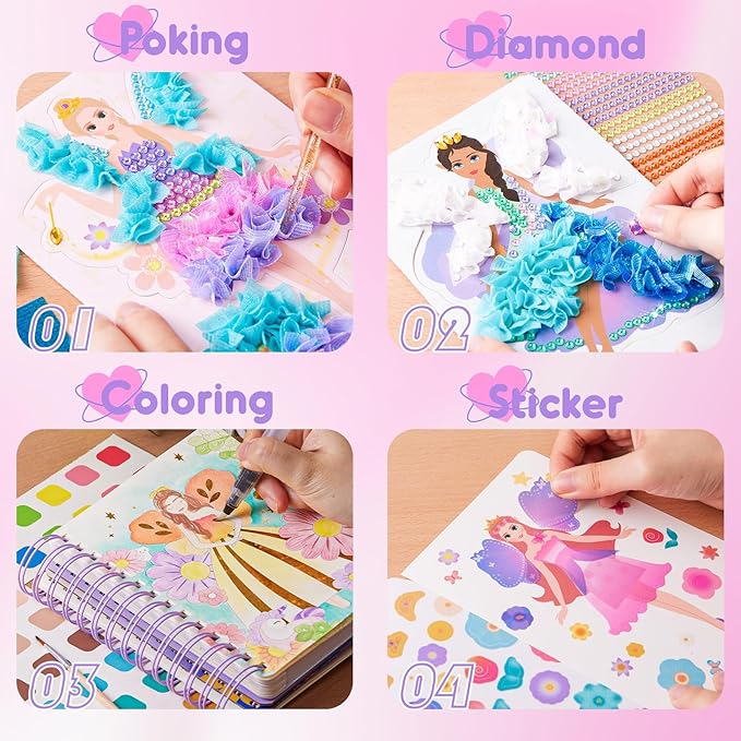 MIROLA KIDS 4 in 1 Poke Craft Kits for Girls, Magic Princess Crafts for Kids Ages 4-8, DIY Activity with Princess Stickers, Watercolor Paint, Diamond Art Gifts for 4 5 6 7 8+ Year Old Girls