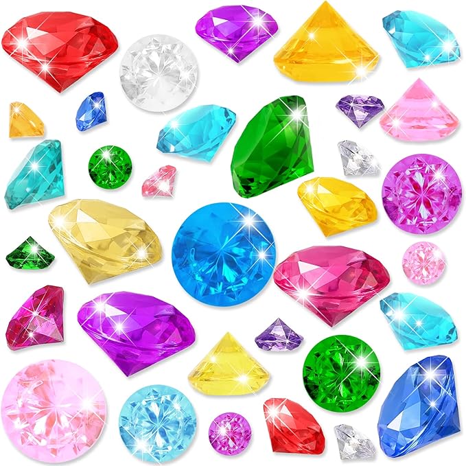 YUJUN 46 PCS Diving Gems Toys,Acrylic Big Diamond Pool Gems with Pirate Treasure Chest Summer Beach Underwater Swimming Toys for Kids Birthday Swimming Pool Party Favors Fish Tank Stuffer (3 Sizes)