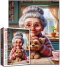 Sweet Grandma with Puppy Jigsaw Puzzles 1000 Pieces Afternoon Tea Time Art Jigsaw Puzzles for Challenging Family Games Cozy Kitchen DIY Handwork Puzzle for Home Wall Decor Gifts 20x27 Inches
