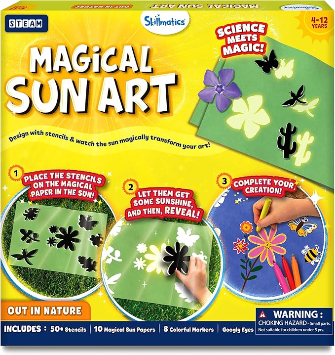Skillmatics Sun Paper Art Kit - STEM Craft Kit for Kids with Decorative Paper, Stencils & Markers, Create with Sunlight, Mess-Free, Indoor Fun, Gifts for Ages 4, 5, 6, 7, 8, 9, 10, 11, 12