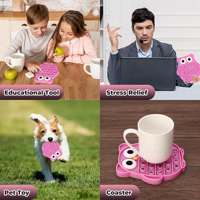 Fidget Toys for Kids, Owl Shaped Silicone Squeeze Sensory Toys, Alphabet Bubble Stress Anxiety Relief Relax Tools for Kids Adults School Classroom Gift Party Favors (Rose red)