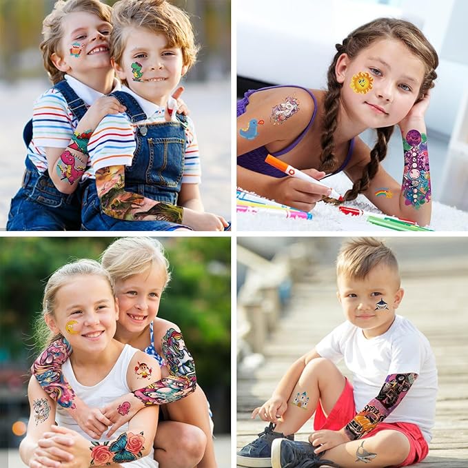 52 PCS Temporary Tattoos for Kids Full Arm Sleeve Fake Tattoos, Dinosaur Monster Car Planet Spider Shark Sticker for Boy, Princess Castle Dolphins Temporary Tattoos for Girl