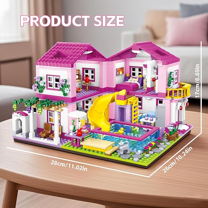 Pink Summer Pool Villa Building Block Set Friends Construction Educational Toy 1018 Pieces Gifts for Girls Teens Kids Adults Ages 6+