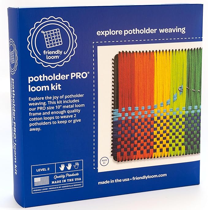 Friendly Loom Potholder Pro Weaving Kit | 10”x10” Sturdy Metal Loom and Quality Cotton Weaving Loops | Complete Kit to Weave 2 Large, Durable Potholders | Made in The USA
