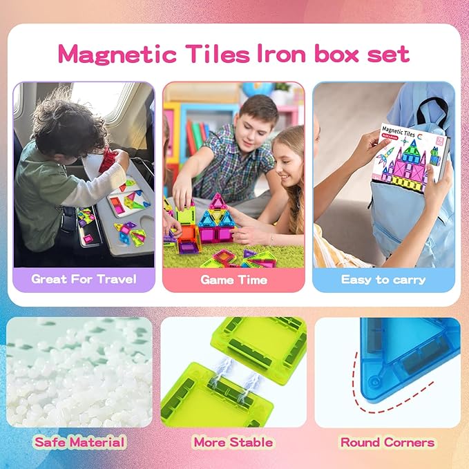 78PCS Magnetic Tiles Mini Travel Kids Set, Learning Sensory Toys，Preschool Classroom Magnetic Blocks Building Kids Toys & Games, for 3-8 Year Boys Girls Birthday Gift