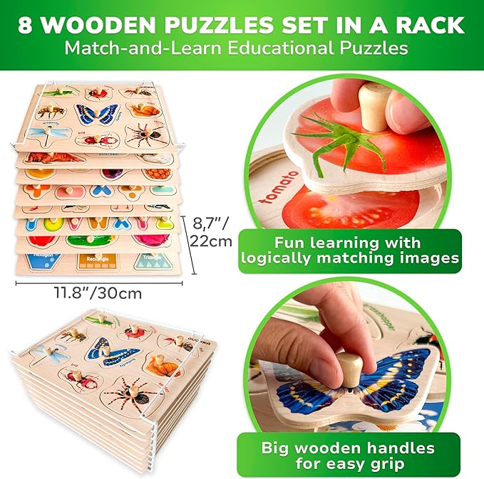 QUOKKA Wooden Puzzles for Toddlers 1-3 - 8 Montessori Toddler Puzzles Ages 2-4 in a Rack - Learning Alphabet Numbers Animals Toy for Kids 3-5 - Wood Games Gift for Boys and Girls