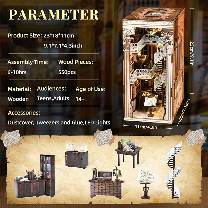 Book Nook Kit, DIY Dollhouse Booknook, Book Nook Miniature Kit for Bookshelf Insert Decor Crafts for Adults Teen Halloween, 3D Wooden Puzzle with Led Light (Law Library)