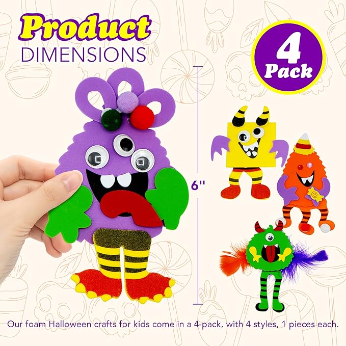 4E's Novelty Halloween Crafts for Kids (4 Pack) Silly Monsters Foam Magnet Fall Crafts Bulk, Halloween Party Activities