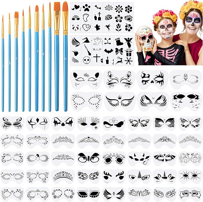 Fainne 68 Pcs Face Paint Stencils Kit, 48 Reusable Facial Painting Stencils with 10 Stickers 10 Painting Brushes Plastic Tattoo Templates for Halloween Party Makeup DIY Drawing Art(Weird Style)