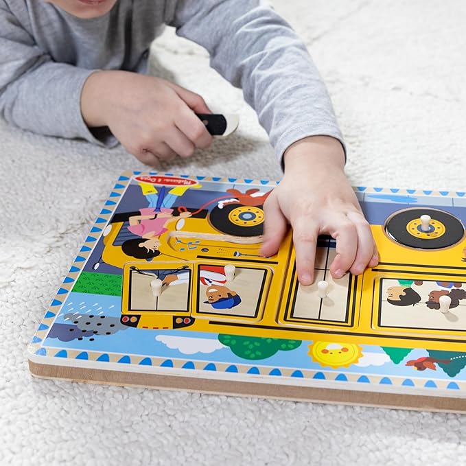 Melissa & Doug The Wheels on The Bus Song Puzzle – 8-Piece Wooden Peg Puzzle with Light-Activated Sounds, Music Learning Toy for Toddlers and Preschoolers Ages 2+