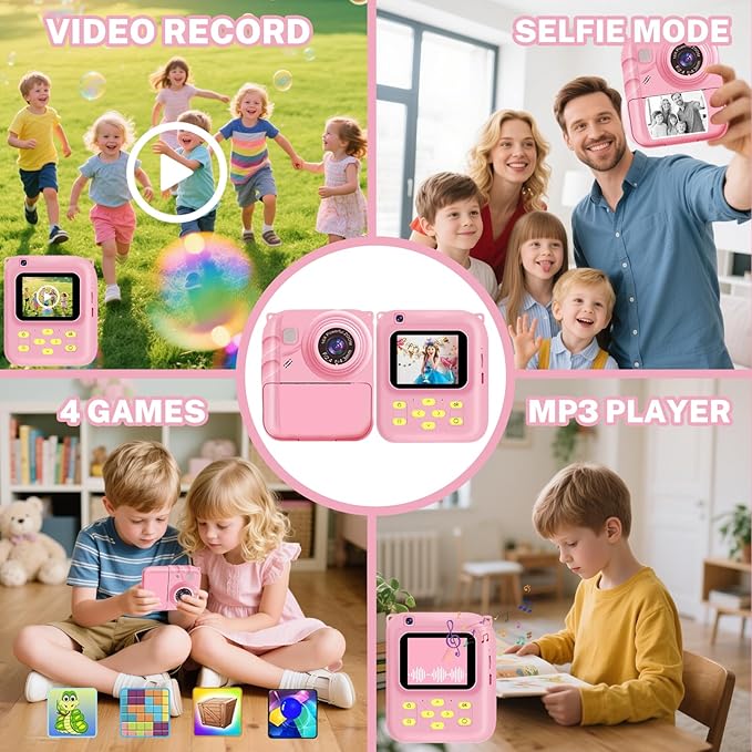 Instant Print Camera for Kids, 1080P Video Camera with 3 Print Rolls, 32GB Card & Cute Cover, Gift for Girls Boys Age 3-12, Toddler Digital Camera with Games, Filters, Music – Pink