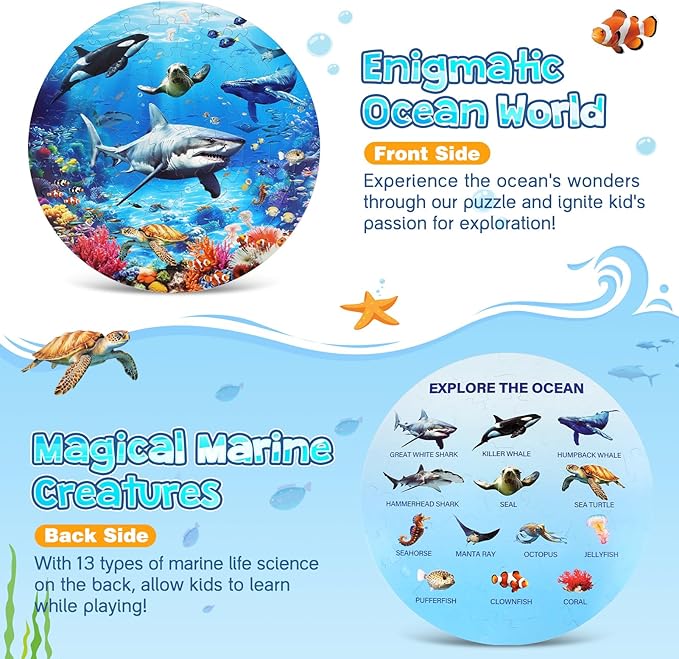 Underwater Ocean Floor Puzzle for Kids Ages 4-6, Shark Toys for Boys Girls, 70 Pieces Large Jigsaw Shark Puzzles for Kids Ages 3-8, Educational Ocean Animals Toys for Birthday Christmas