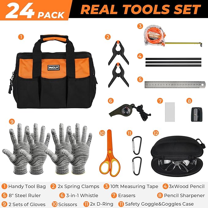INCLY 24 PCS Real Tool Set with Tool Bag, Small Real Hand Tools Kit, Construction Learning Tools Hammer Screwdriver for Home DIY Building and Woodworking