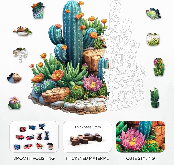 delobil Succulent Cactus Wooden Puzzles for Adults, 500 Pieces Jigsaw Puzzles, Unique Shaped Medium Size Liberty Wood Puzzle Gift for Adults and Kids, Family Game 16.7'' x 16.2''