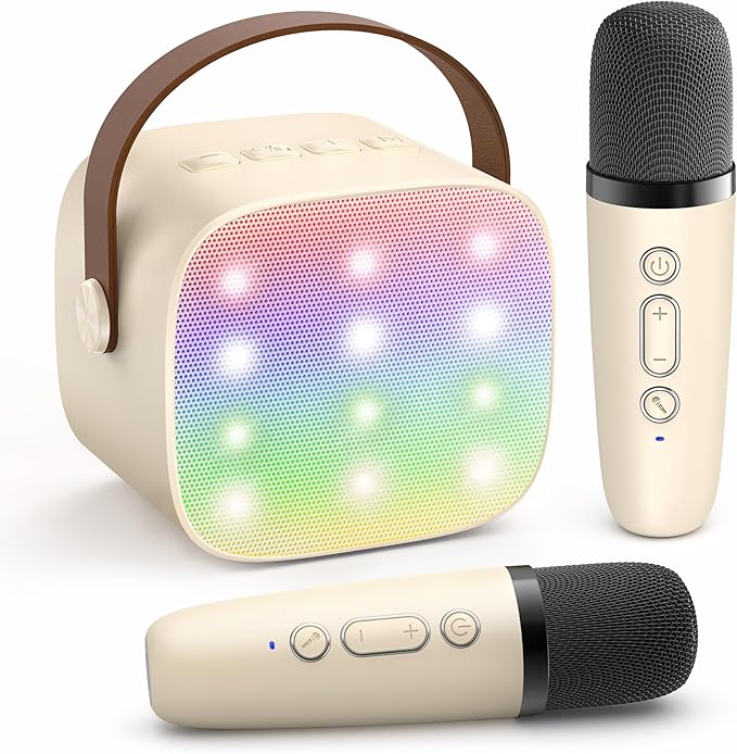 Mini Karaoke Machine with 2 Wireless Microphones for Kids Adults, Portable Bluetooth Speaker Gift for Girls Toys 4, 5, 6, 7, 8, 10, 12+ Years Old Teens Birthday(Beige)