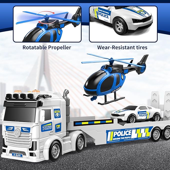 Kids Toys for Ages 3 4 5 6 7 8 Years Old Boys, 25" Large Police Semi Truck with Helicopter & Race Car, Friction Powered Vehicle with Lights & Sounds,Birthday Gift for Boys Girls