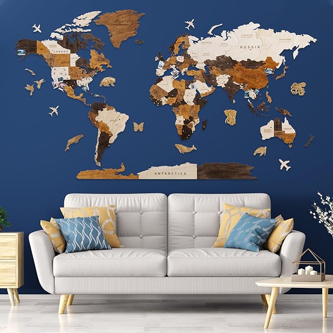 HYPERI Multilayered 3D Wooden World Map Wall Decor, Wood Art Wall Decor, Mapa Mundi Para Pared, World Maps and Push Pins, Valentine's Day Gifts For Dad, Mom, Boss, Husband, Wife (Medium)