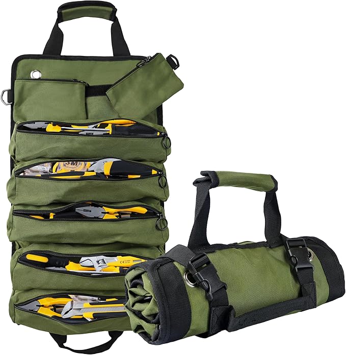Portable Foldable Roll-Up Waterproof Tool Bag Organizer with 5 Compartments & 2 Detachable Pouches, Heavy-Duty Tool Pouch Bag, Dad Men Electrician Mechanic Gifts (Army green)