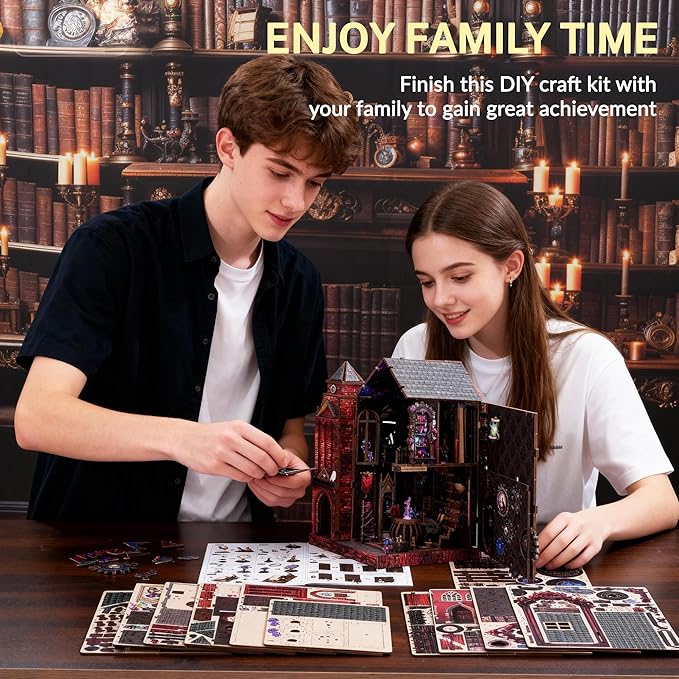 Book Nook Kit, DIY Miniature House Dollhouse Crafts Kit for Adults and Teens, Magic Castle 3D Wooden Puzzle Booknook Build Bookshelf Decor, Gifts for Family and Friends（Arcane Sprire）