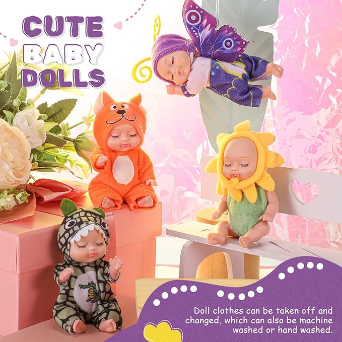 Hanaive 4 Pcs 4 Inch Mini Baby Dolls Lifelike Realistic Baby Dolls Animal Clothes Cute Tiny Gifts for Kids Birthday Party(Novelty Style)